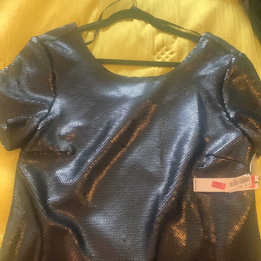 Black sequin short sleeve midi dress scoop back neckline